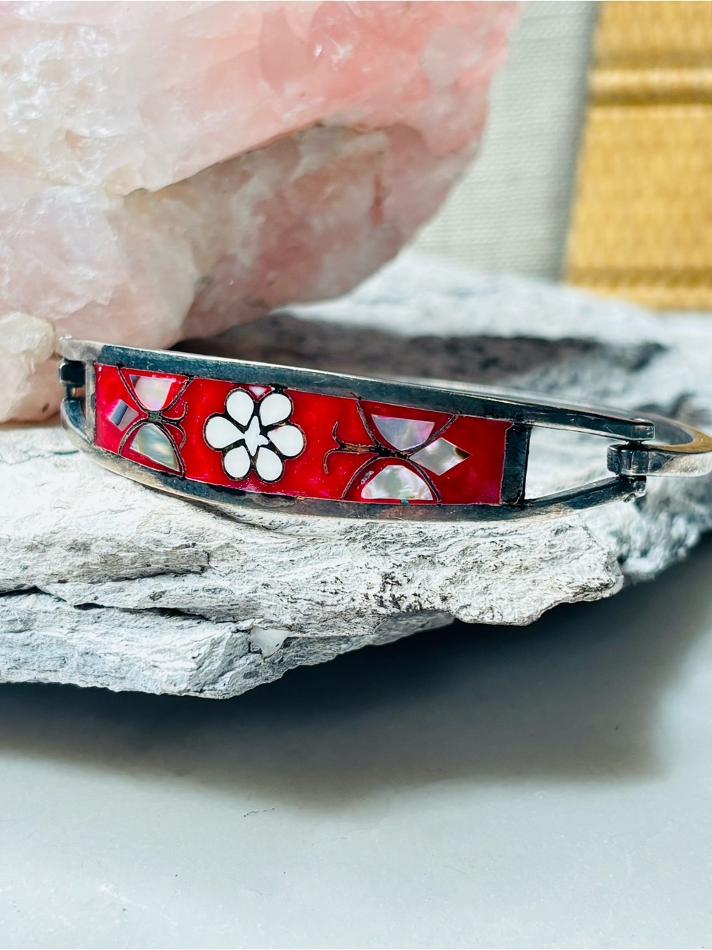 Vintage Taxco Butterfly Bracelet Red Enamel Mother of Pearl Floral Inlay Hinged - Picture 1 of 8